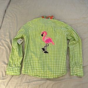 NWT Mary Marshmallow Gingham Button Down Shirt Flamingo Appliqués (22)